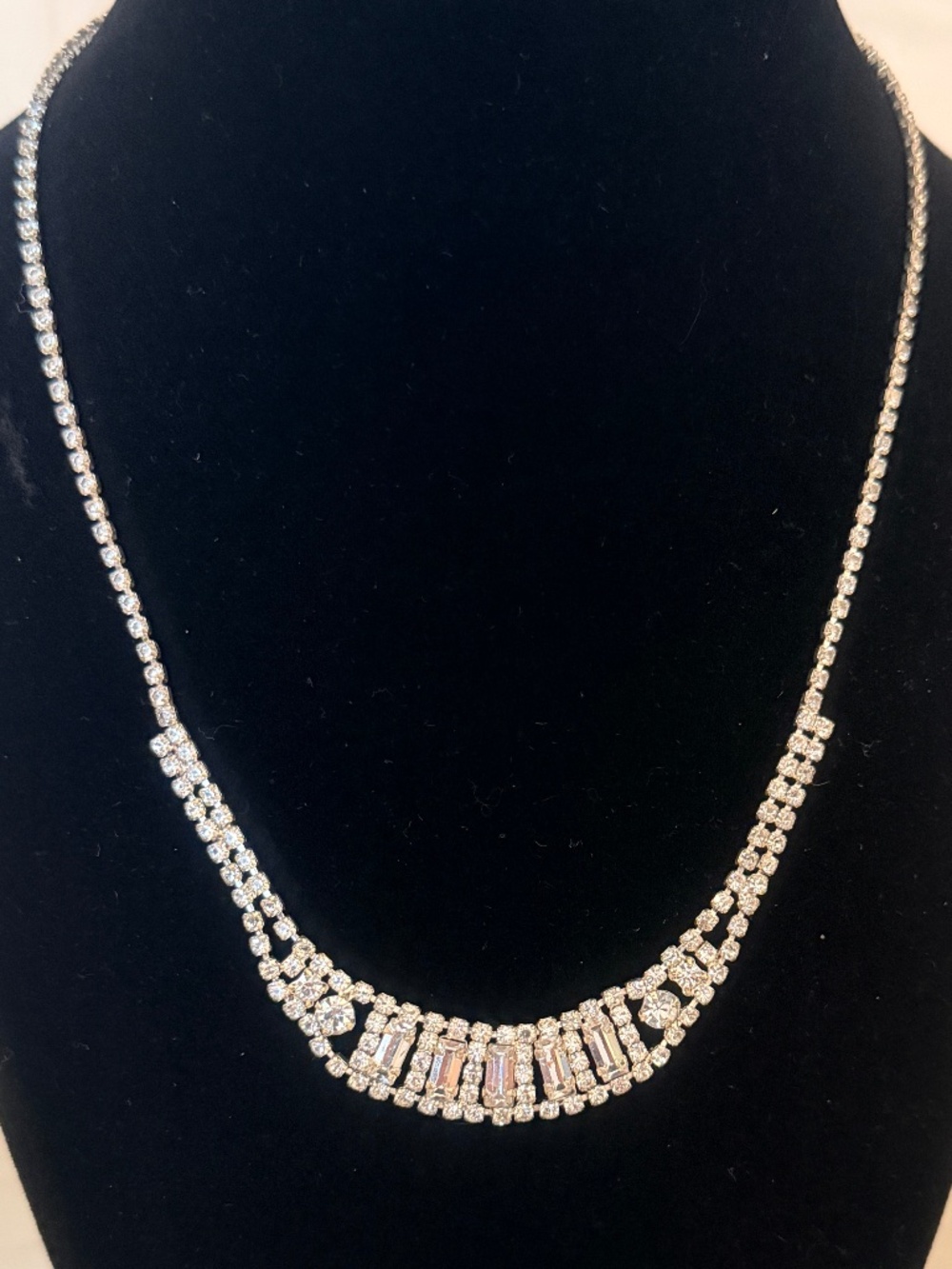 Vintage Art Deco Emerald Cut Rhinestone Choker —Silver Bridal Statement Necklace